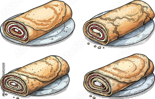 Hungarian Palacsinta Rolled Crepe Icon Set Featuring Traditional Filled Dessert Pancakes in Detailed Vintage Hand-Drawn Vector Illustration