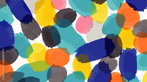 Vibrant abstract watercolor brush strokes create a lively and colorful background pattern with overlapping shapes and hues.