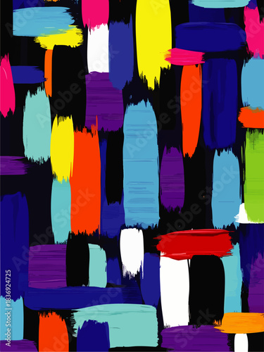 Vibrant abstract brushstrokes in bold primary and secondary colors create a dynamic and energetic pattern on a dark background.