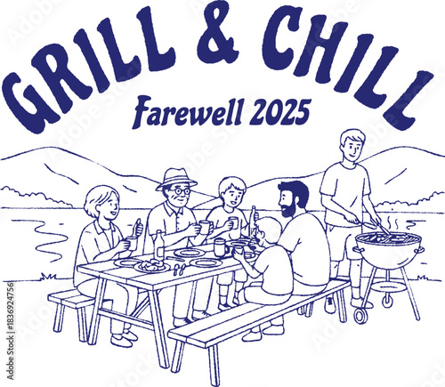Big family having a outdoor barbecue pary near the lake and mountains. Grill and chill, farewel 2025 typography design