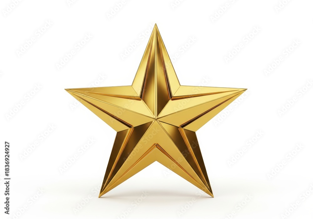 Fototapeta premium Three dimensional five point star rendered in polished gold metal material