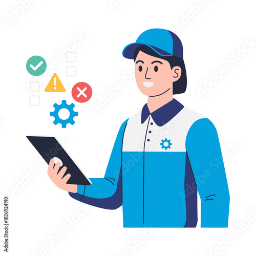 Service technician in blue uniform holding tablet for quality control and logistics management
