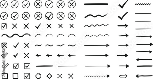 Hand Drawn Black Marker Elements: Checkmarks Crosses Arrows Lines Isolated on Transparent Background
