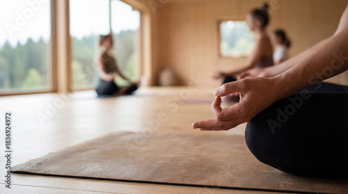 Atmospheric photo of a yoga class in a bright wooden hall with large windows and a view of nature