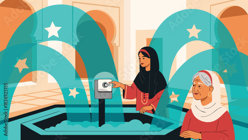 Vector illustration with vector aesthetic. Moroccan sitt switching on smart fountain with biracial. turquoise-sand color scheme. Perfect for website backgrounds, presentation templates, brandi...