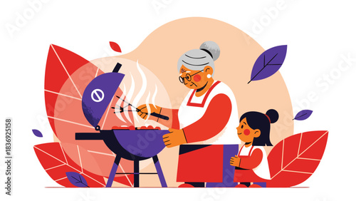 Cozy Chilean abuela adjusting smart parrilla grill with bira in vector style. Features ember and vineyard palette. tech education, digital literacy programs, diversity campaigns, cultural heri...
