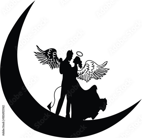 Angel and Devil Couple Silhouette on Crescent Moon
