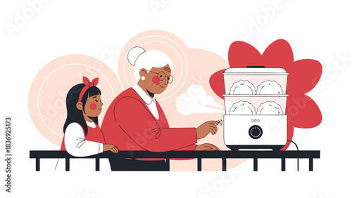 Cozy Polish babcia switching on smart pierogi steamer with b in vector style. Features dough and beet palette. website backgrounds, presentation templates, branding materials, digital design p...