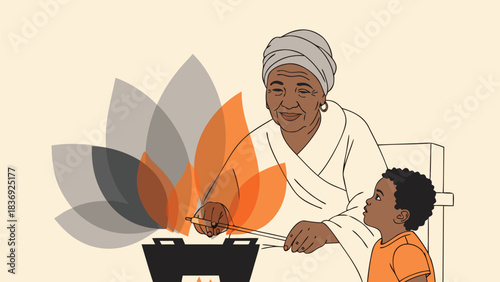 Warm vector design. Kenyan bibi using smart jiko stove with biracial (India. Modern charcoal and spice tones. Ideal for website backgrounds, presentation templates, branding materials, digital...