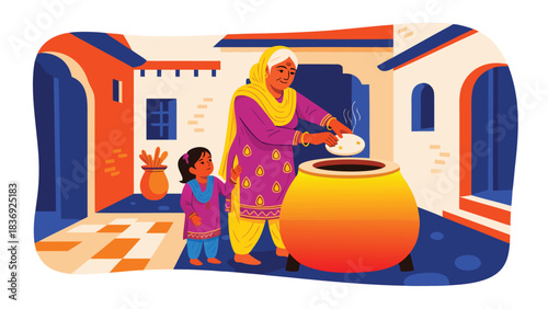 Warm Punjabi dadi using smart tandoor oven with biracial (Wh in vector style. Features tandoor and turmeric palette. website backgrounds, presentation templates, branding materials, digital de...