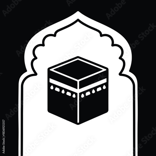 Kaaba muslim pray icon in islamic prayer rug mihrab arch shape for qibla direction on transparent background