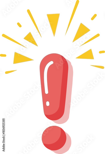 Bright red exclamation mark radiating with yellow energy, symbolizing importance and a sudden idea.