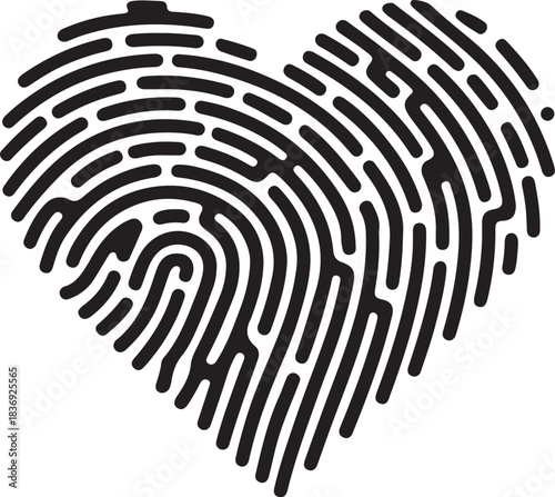 Black fingerprint heart shape graphic on white background