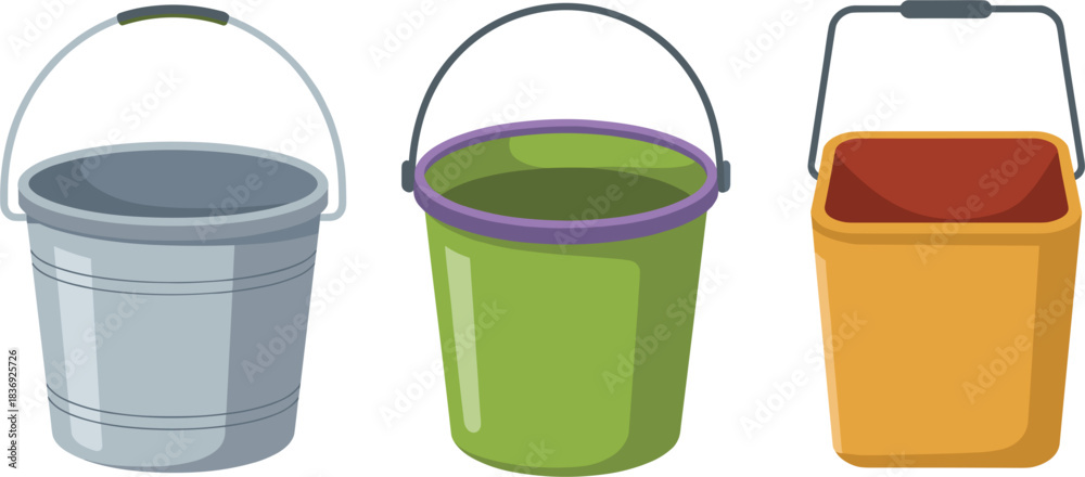 custom made wallpaper toronto digitalColorful vector set of various utility buckets: metal, plastic, and square, symbolizing cleaning, household chores, construction, and water collection
