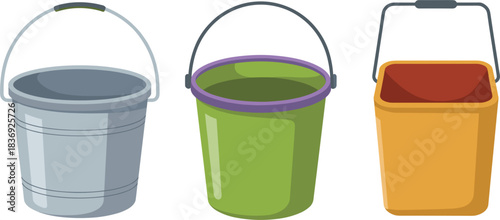 Colorful vector set of various utility buckets: metal, plastic, and square, symbolizing cleaning, household chores, construction, and water collection
