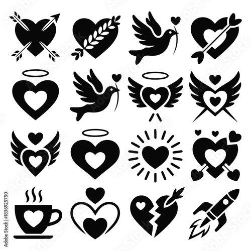 Black silhouettes of various hearts and symbolic illustrations on a white background