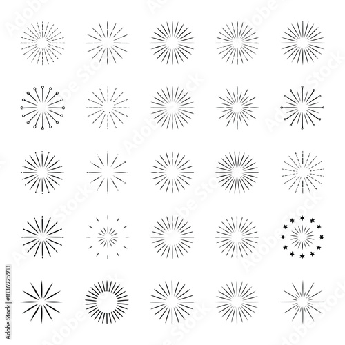 Collection of various abstract starburst designs in black and white on a plain white background