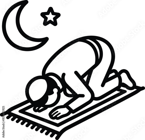 Muslim pray icon depicting person prostrating on prayer rug under crescent moon and star vector art