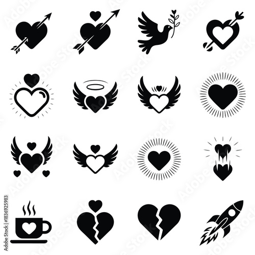 Black and white illustrations of various heart symbols, including pierced, winged, and broken designs on a plain white background