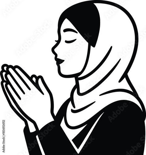 Muslim pray icon of woman in hijab with hands clasped for prayer in qibla direction for ramadan or eid al-adha