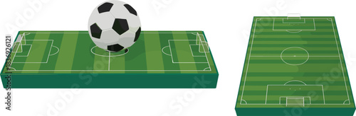 Isometric 3D vector illustration of a soccer football field or pitch with a ball, perfect for sport apps, games, competition, and match graphics