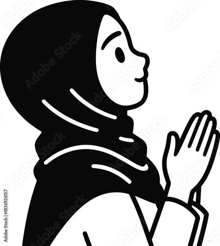 Muslim pray icon of woman in hijab with hands raised for prayer in qibla direction for ramadan or eid al-adha