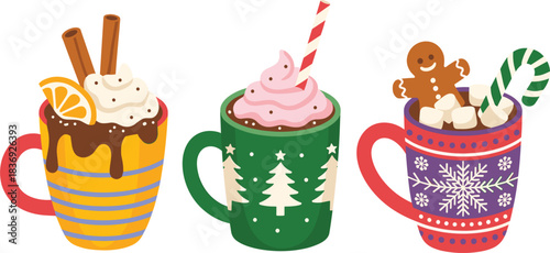Vibrant vector set of Christmas hot chocolate and coffee mugs with festive decorations, perfect for holiday menus, winter promotion, and greeting cards