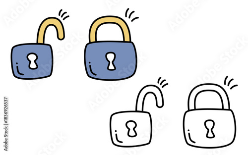 Collection of cartoon-style padlock icons in various states of lock and unlock, with a playful and simple design