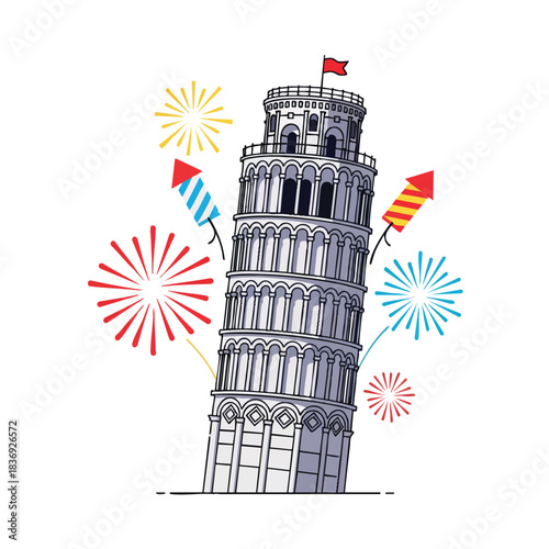 The Leaning Tower of Pisa with vibrant New Year fireworks behind it