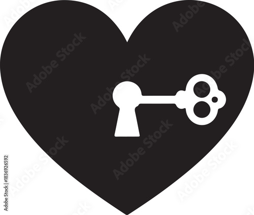 Black heart with white keyhole and key love unlock