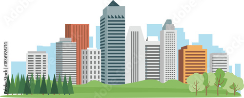 Modern vector city skyline illustration with skyscrapers and green park in the foreground, symbolizing urban life, environment, and business districts