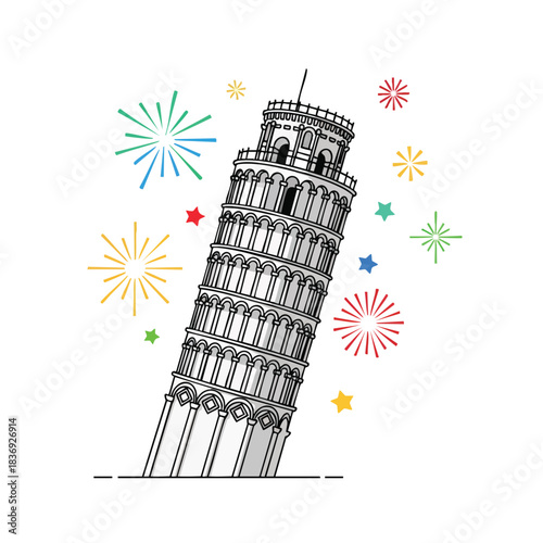 The Leaning Tower of Pisa with vibrant New Year fireworks behind it