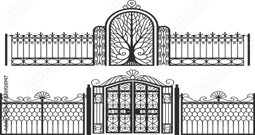 Detailed black vector set of vintage wrought iron decorative gates, fences, and ornate arches, symbolizing security, architecture, and elegance
