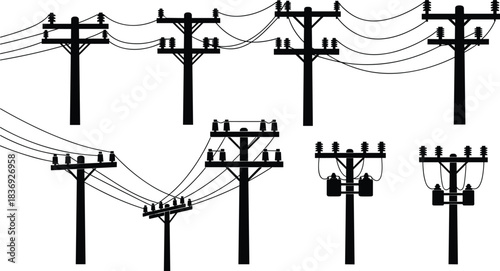 Utility pole silhouette icon set, electrical infrastructure vector, power line configuration illustration, cad drawing flat vector illustration