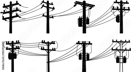 Utility pole silhouette icon set, power line and transformer vector, electrical infrastructure illustration, cad drawing flat vector illustration