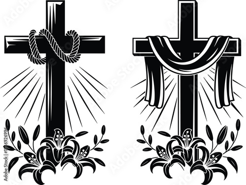 Detailed black vector set of two crosses with lilies and cloth drapery or rope, symbolizing spirituality, Easter, memorial, and religious ceremony