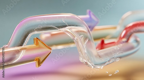 Conceptual flowing water arrows illustrating dynamic process and continuous movement with vibrant iridescent reflections and cinematic lighting, rendered in high detail.