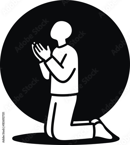 Silhouette man praying on knees muslim pray icon illustration black circle background traditional spiritual activity