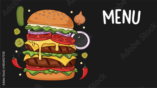Juicy Triple Cheeseburger with Fresh Ingredients on a Chalkboard Background Restaurant Menu Design