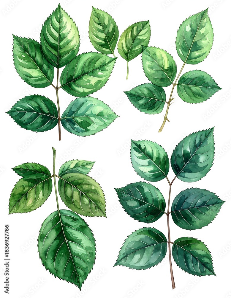 Fototapeta premium Watercolor depiction of various green leafy sprigs against white