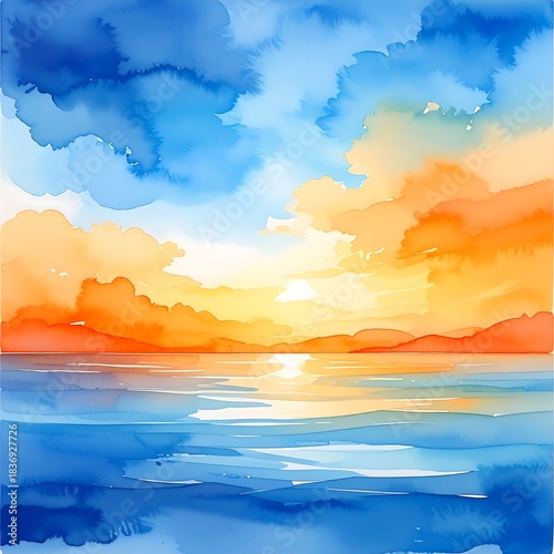 Watercolor sunset painting with vibrant hues over calm ocean