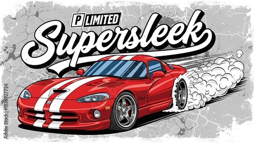 A cartoon of a red sports car with white stripes and tire smoke, with Supersleek LIMITED text above.