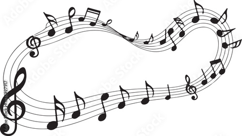 Black musical notes and treble clef on white background
