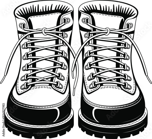 Highly detailed vector outline illustration of leather hiking or work boots with laces, perfect for adventure, outdoor travel, and camping graphics