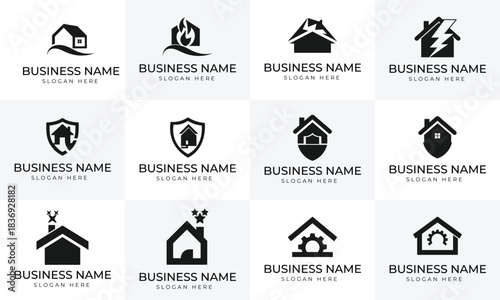 Collection of twelve black house logos with business name and slogan placeholders home building