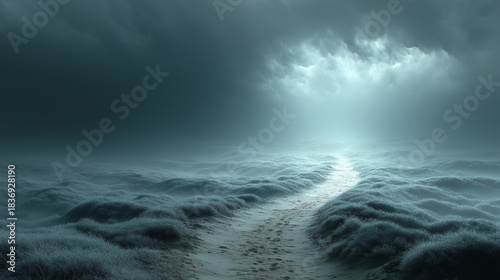 Mysterious Pathway, Digital Footprints, Foggy Landscape, Photo, Ethereal Environment, Wide Angle, Journey of Discovery