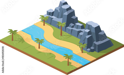 Isometric 3D vector illustration of a tropical river running between mountains, palm trees, and sand, perfect for vacation and island maps