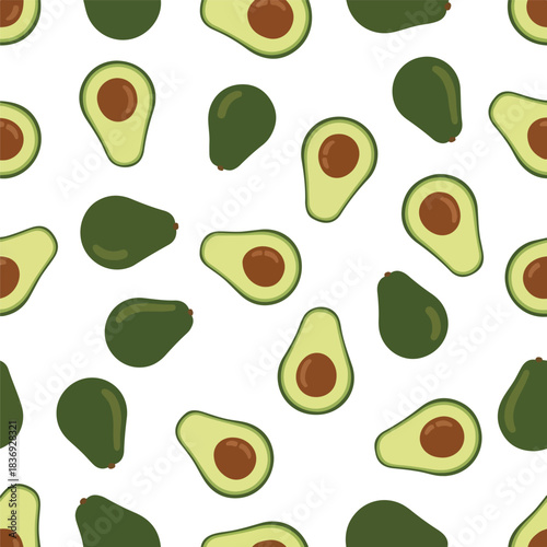 Healthy and fresh green avocado seamless pattern for natural food themes, culinary designs, or vibrant background textures. Features both whole and halved fruit elements on white