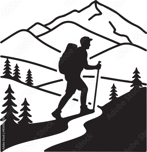 Silhouette hiker with backpack and poles on mountain path
