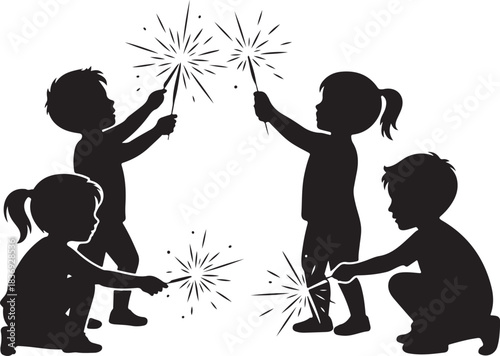 Four children silhouettes holding sparklers with fireworks
